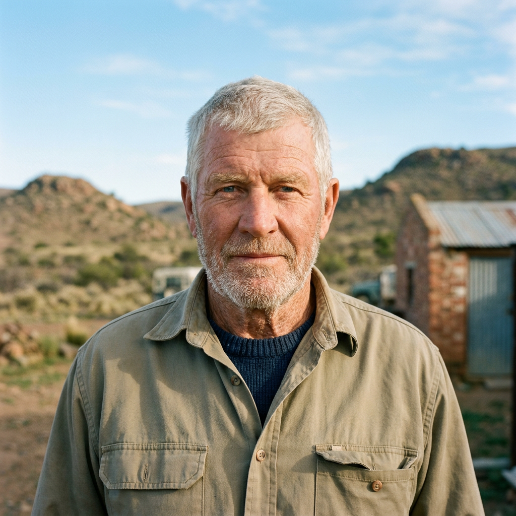 Elderly man with gray hair and beard standing outdoors in front of a desert landscape and rustic building