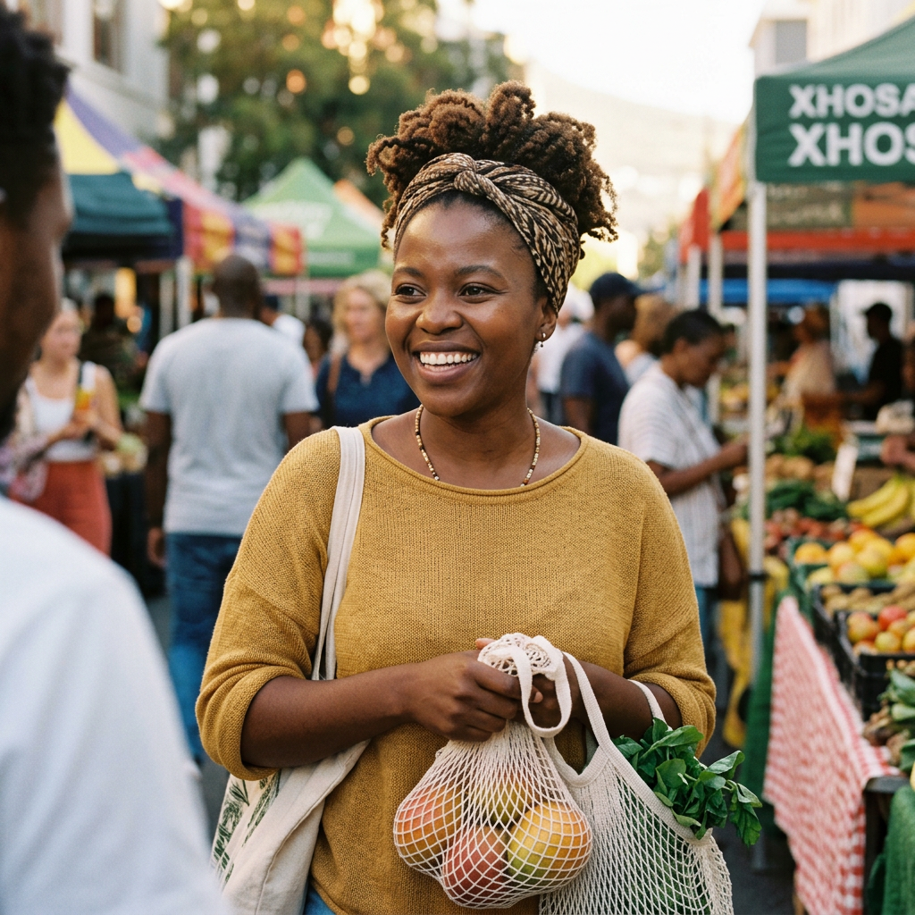 Woman smiling and holding reusable bags with fresh fruits and greens at farmers market